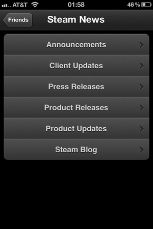 Steam mobile app's various internal news / updates selection