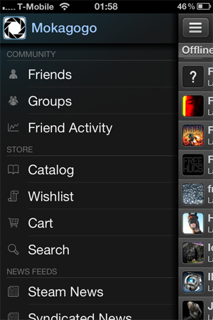 Steam mobile app's facebooky menu system